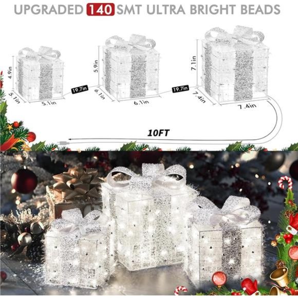 Christmas Lighted Gift Boxes, 140 LEDs Light Up Presents, 8 Modes, Set of 3 - Picture 4 of 7